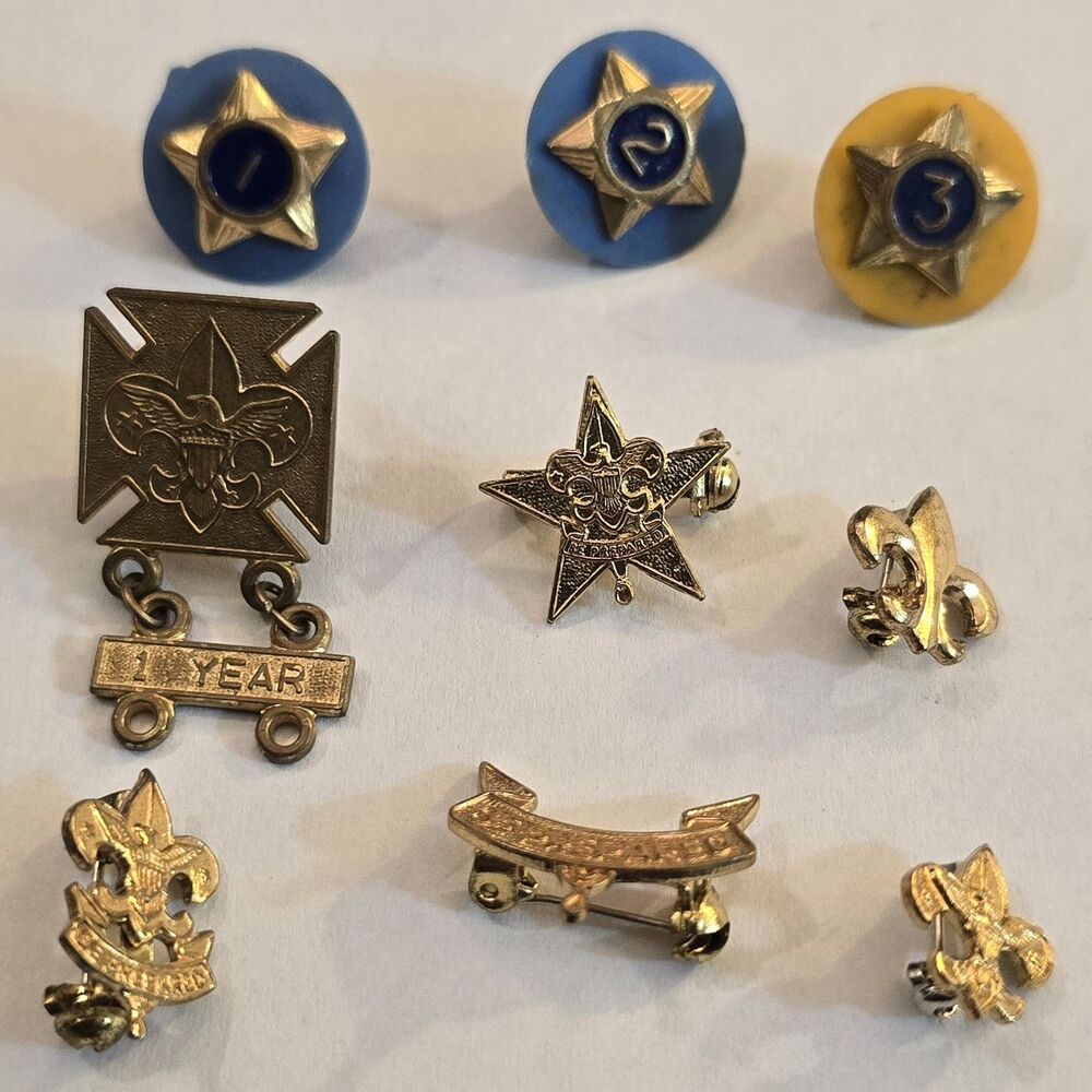9 Small BSA Boy Scouts Metal Service & Support Pins .5" Diameter